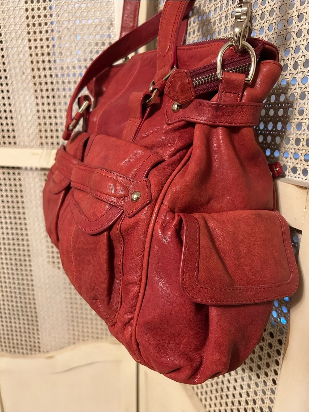 Junior Drake Red Leather Shoulder Bag with Dual Front Pockets